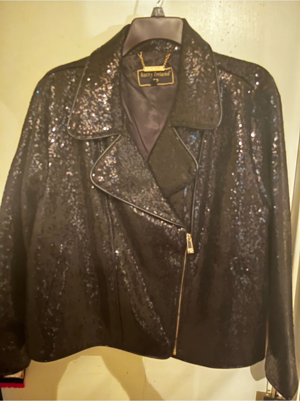 kathy ireland Black Sequin Asymmetrical Zip Jacket